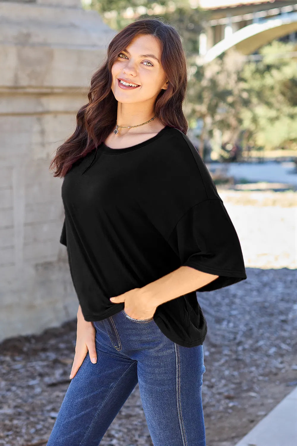 Image of Basic Bae Bamboo Full Size Round Neck Drop Shoulder T-Shirt | Queeble.shop