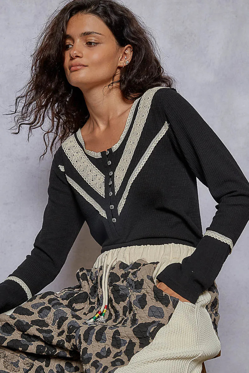 Image of POL Ribbed Half Button Lace Detail Knit Top | Queeble.shop