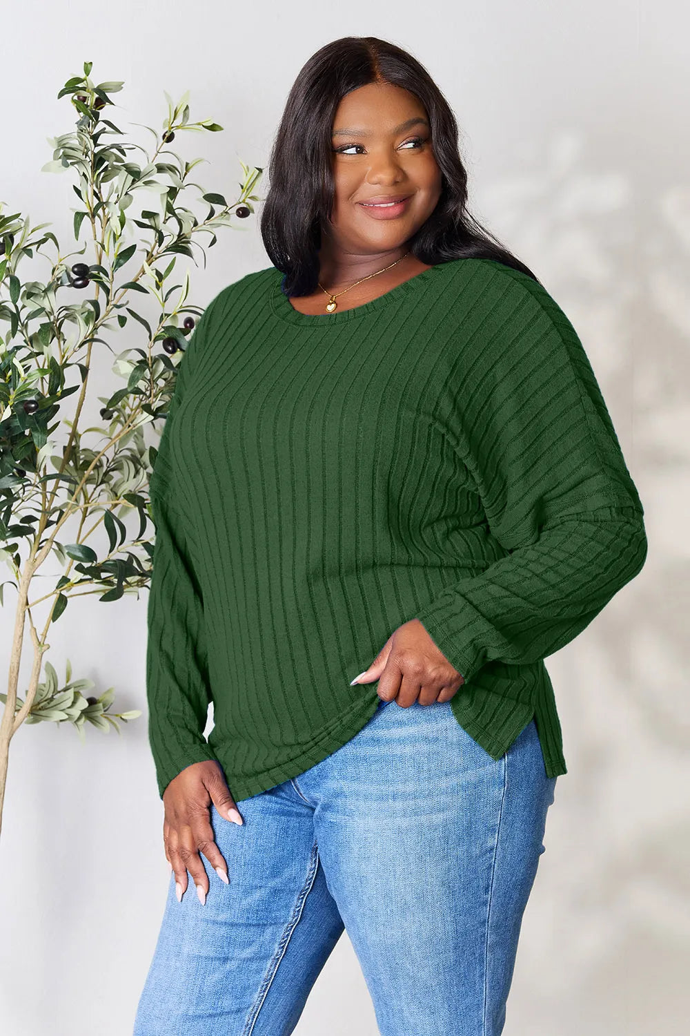 Image of Basic Bae Full Size Ribbed Round Neck Slit Knit Top | Queeble.shop