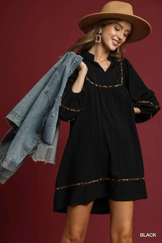 Image of Umgee Full Size Textured Babydoll Dress with Leopard Trim Plus Size | Queeble.shop