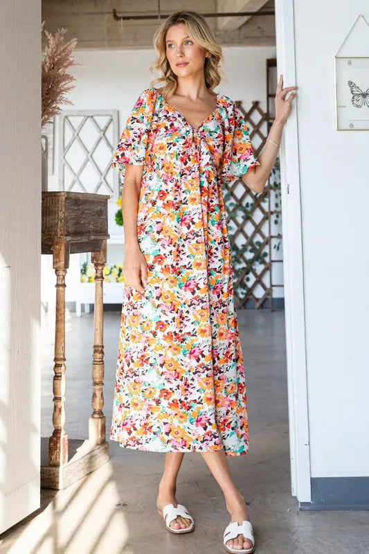 Image of Lime 'N' Chili Floral Print Sweetheart Neck Tie Front Midi Dress | Queeble.shop