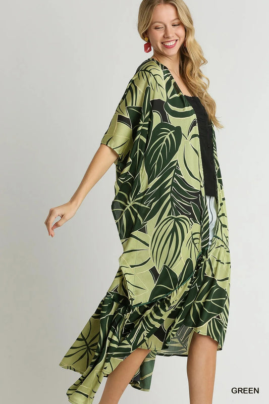 Image of Umgee Satin Tropical Plant Print Open Front Kimono with Ruffle Details | Queeble.shop