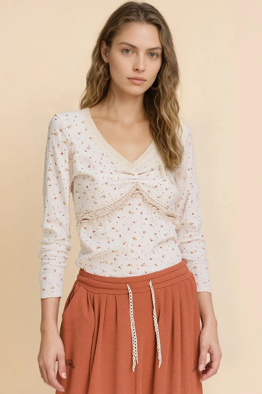 Image of POL Floral V-Neck Long Sleeve T-Shirt | Queeble.shop
