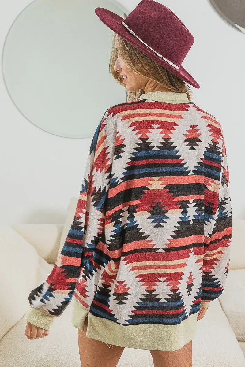 Image of BiBi Aztec Print Mirr Mock Neck Lslv Top | Queeble.shop