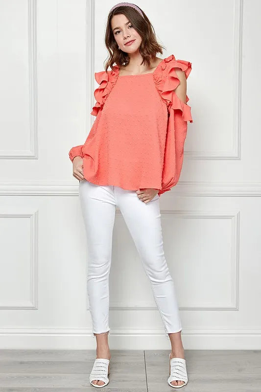 Image of Lime 'N' Chili Ruffle Trim Cold Shoulder Swiss Dot Blouse | Queeble.shop