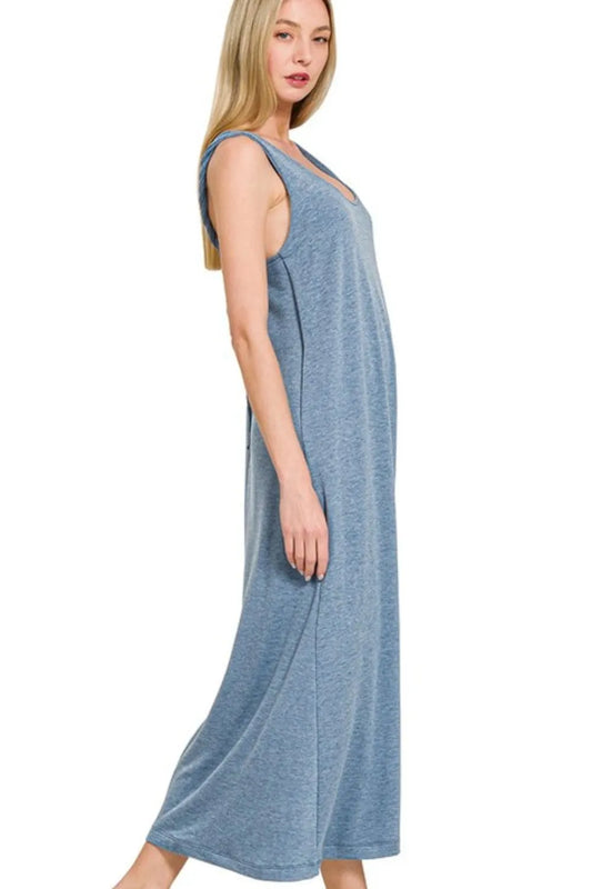 Image of Zenana French Terry Twisted Strap Midi Dress | Queeble.shop