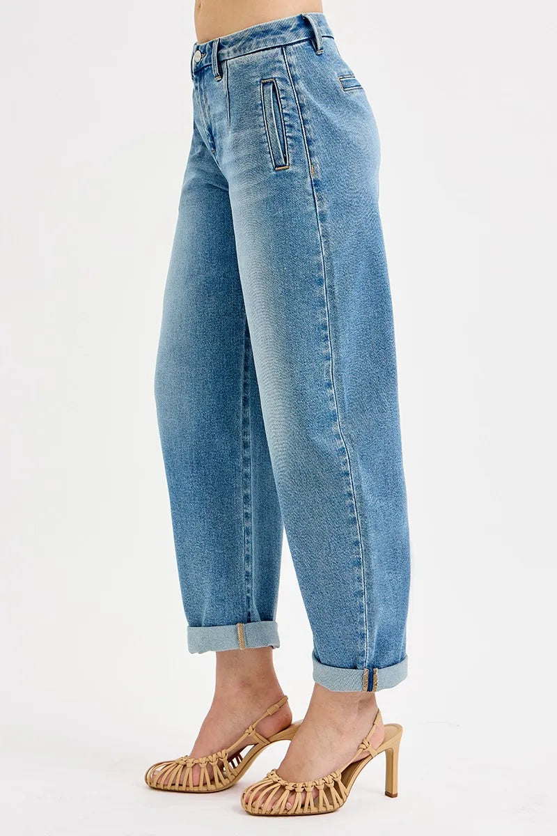 Image of RISEN Full Size Mid Rise Fit Barrel Roll Up Jeans Plus Size | Queeble.shop