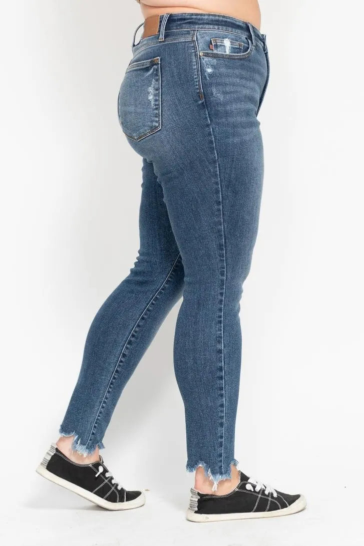 Image of Judy Blue Plus Size High Waist Skinny with Destroy & Shark Bit Hem | Queeble.shop