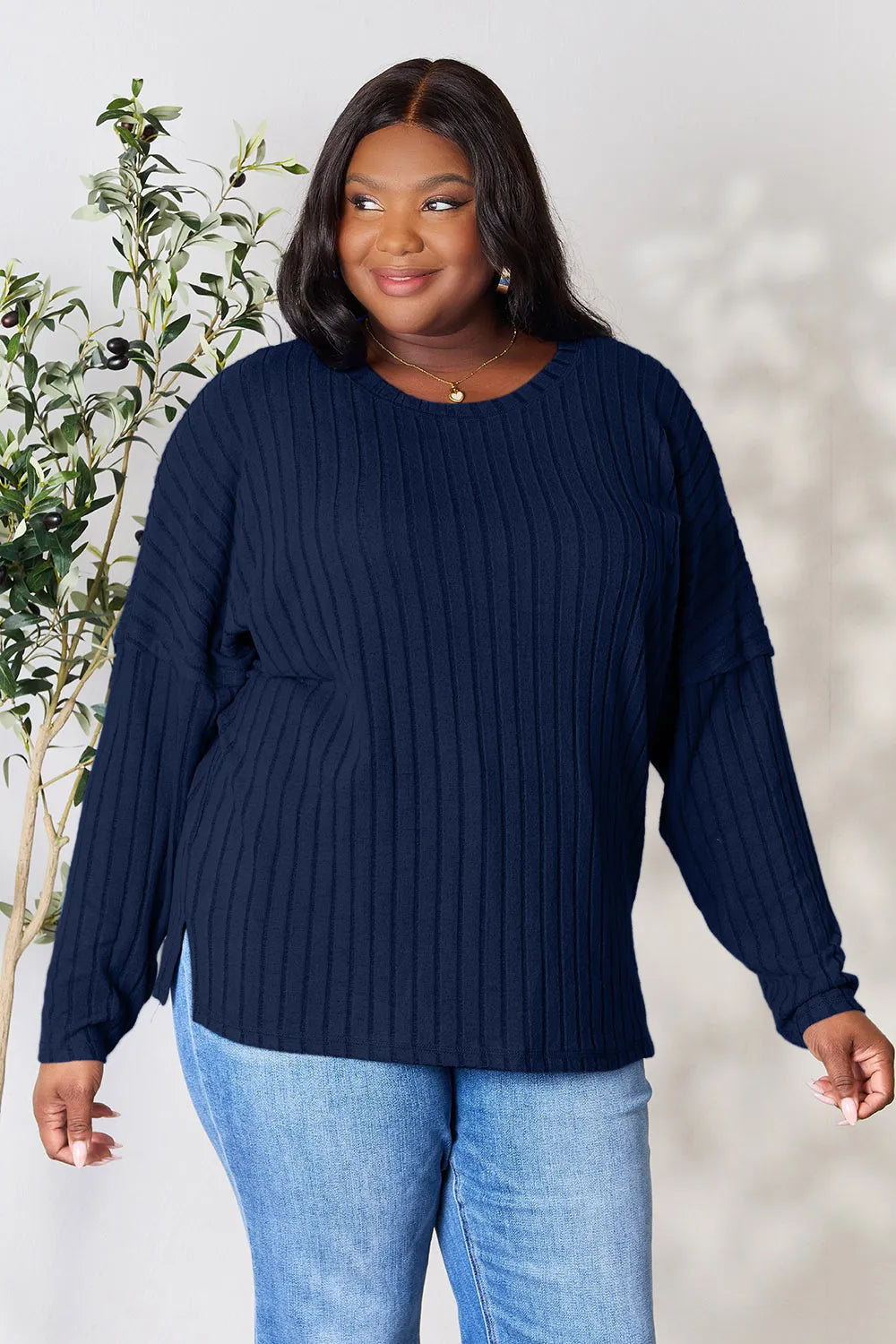 Image of Basic Bae Full Size Ribbed Round Neck Slit Knit Top | Queeble.shop