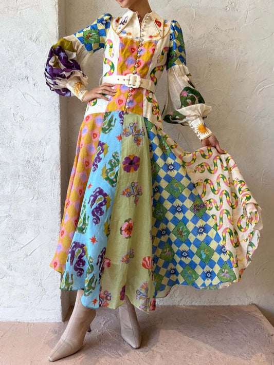 Image of Printed Lantern Sleeve Midi Shirt Dress | Queeble.shop