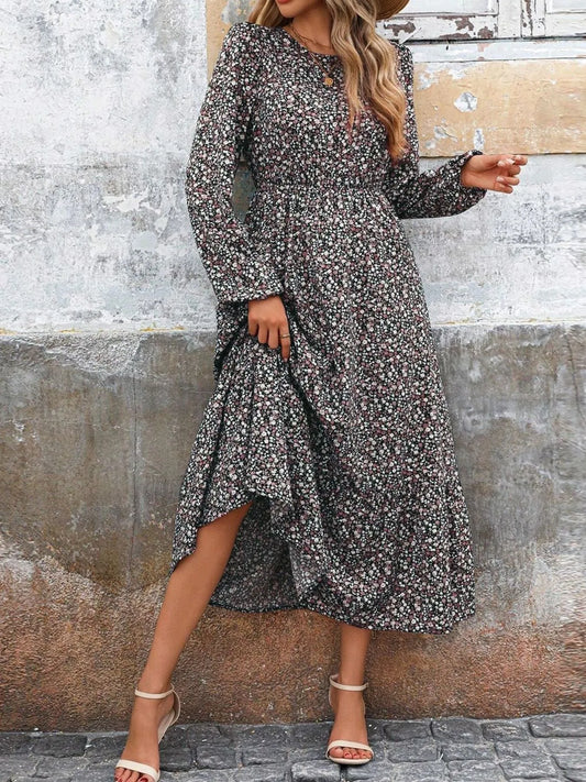 Image of Printed Long Sleeve Midi Dress with Elastic Waist | Queeble.shop