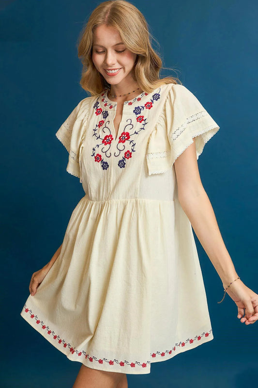 Image of Umgee Embroidered Floral Flutter Sleeve Mini Dress | Queeble.shop