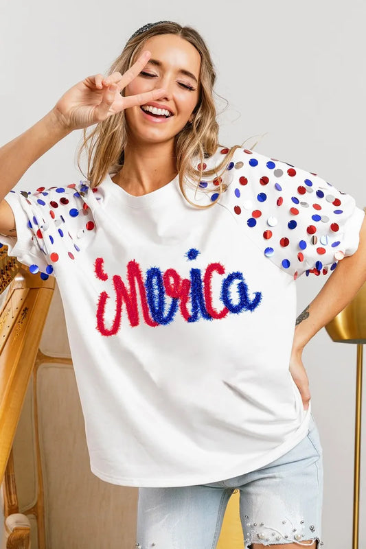 Image of BiBi Metallic Letter Spangle Raglan Puff Sleeve Top | Queeble.shop