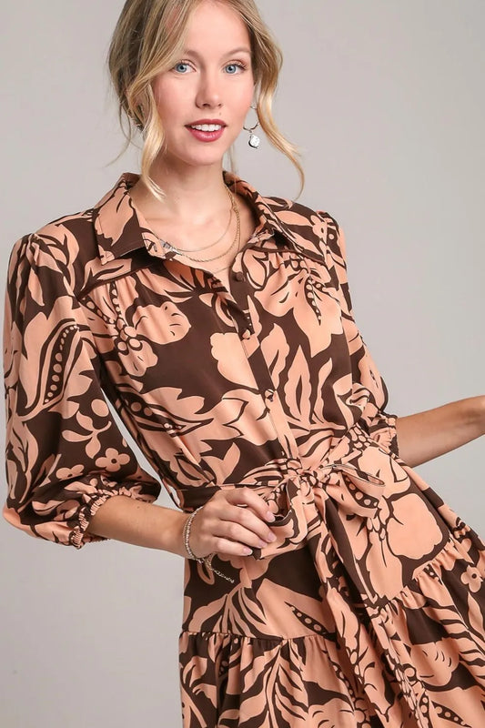 Image of Umgee Full Size Two Tone Floral Print Puff Sleeve Tie Waist Dress Plus Size | Queeble.shop