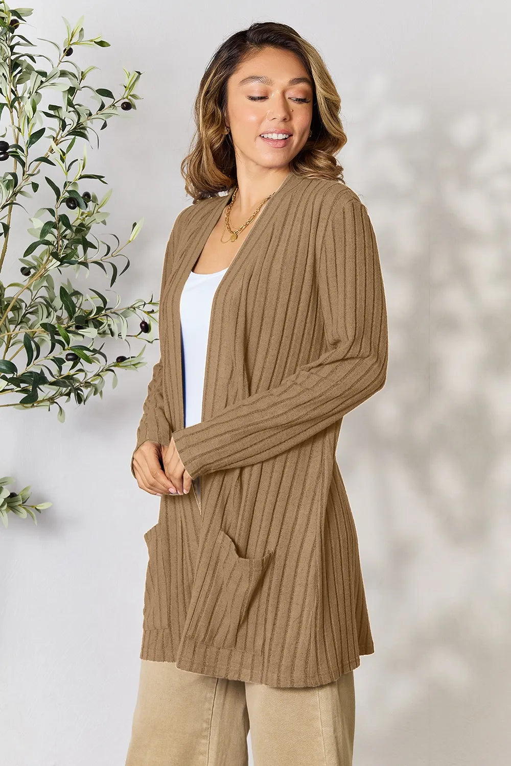 Image of Basic Bae Full Size Ribbed Open Front Cardigan with Pockets | Queeble.shop