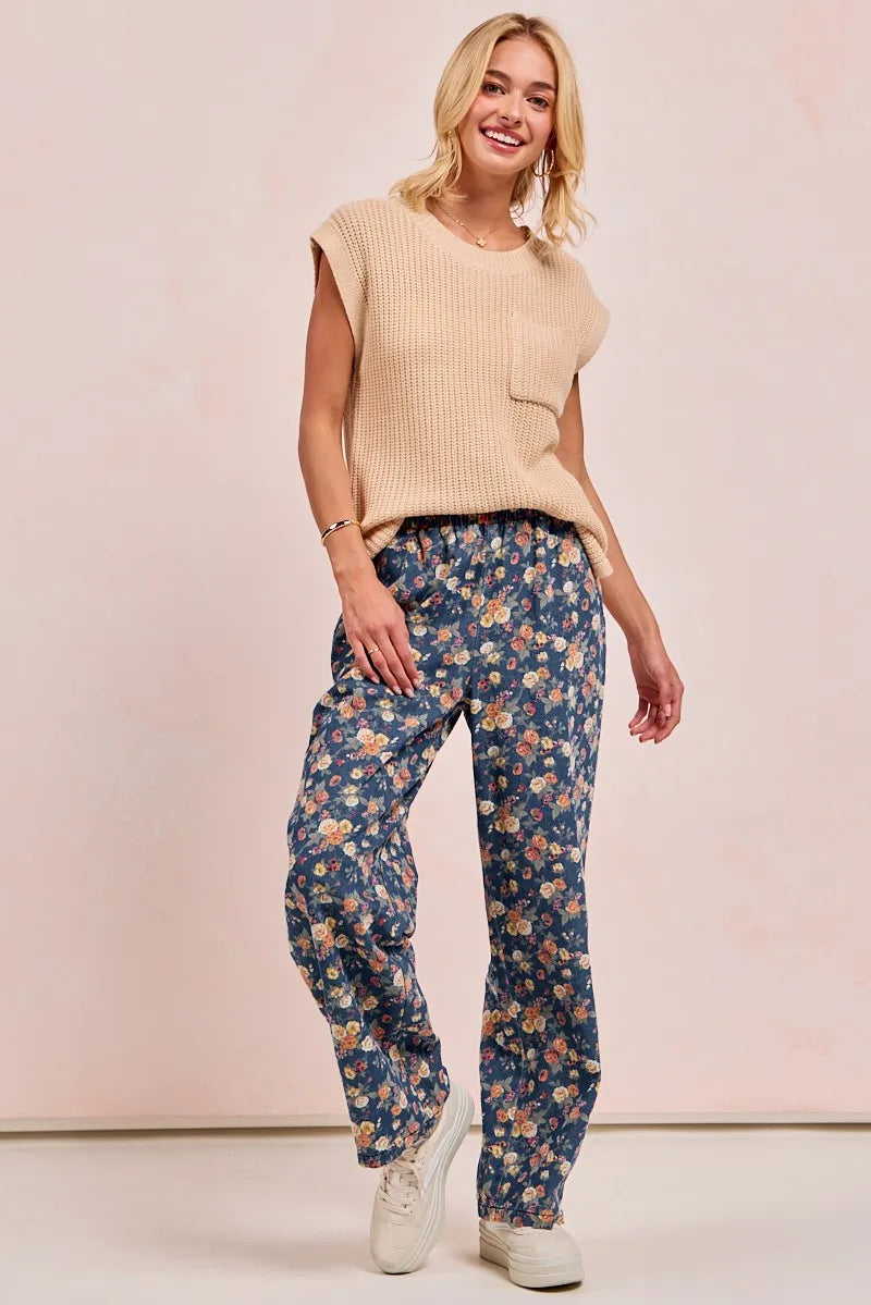 Image of BiBi Washed Floral Print Wide Leg Jeans | Queeble.shop