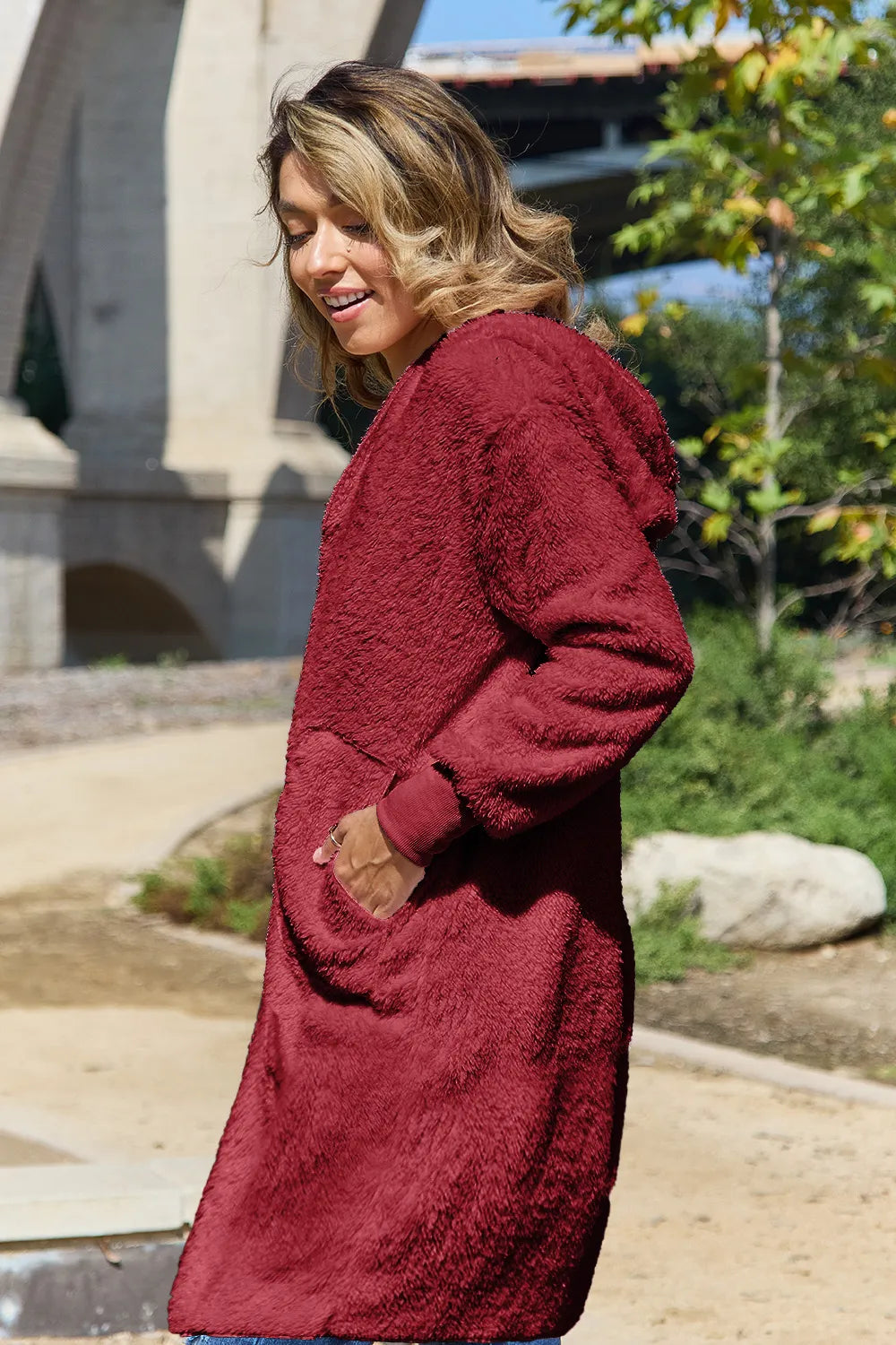 Image of Double Take Full Size Hooded Teddy Bear Jacket with Thumbholes | Queeble.shop