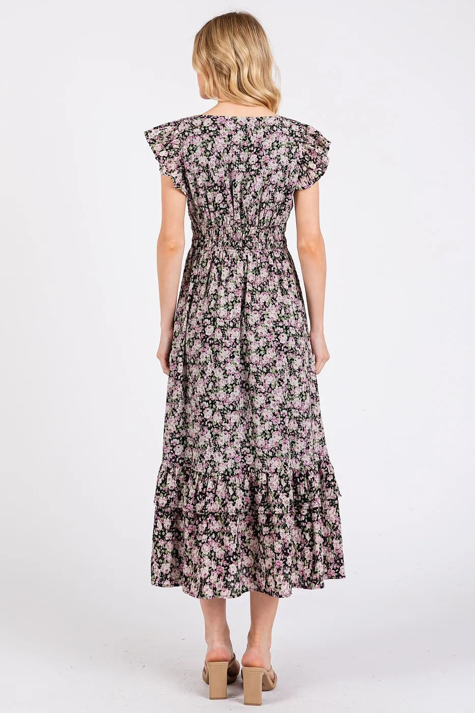 Image of Mittoshop Flower Print Ruffle Cap Sleeve V-neck Midi Dress | Queeble.shop