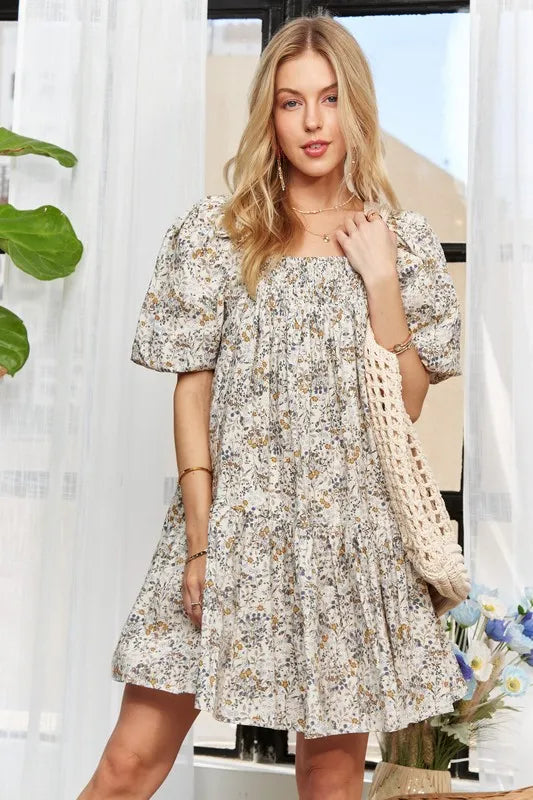 Image of ADORA Floral Square Neck Puff Sleeve Dress | Queeble.shop