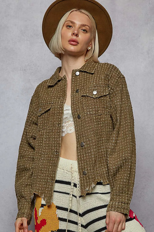 Image of POL Raw Hem Button Up Jacket with Chest Pockets | Queeble.shop