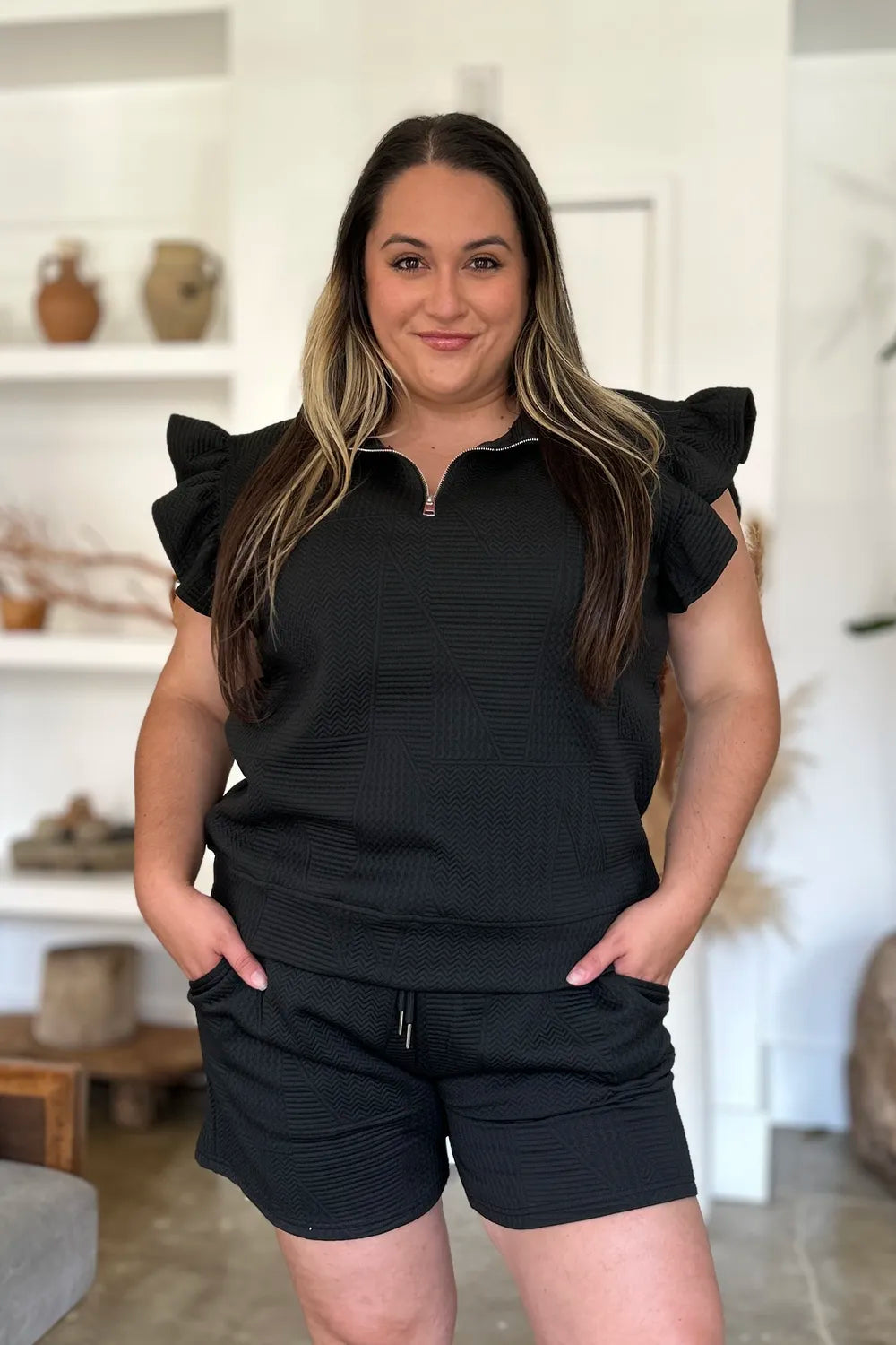 Image of Double Take Full Size Texture Flounce Sleeve Top and Shorts Set | Queeble.shop
