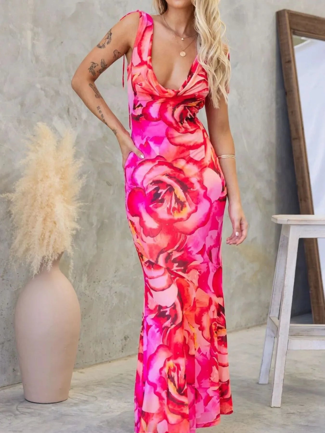 Image of Tied Sleeveless Printed Maxi Dress | Queeble.shop