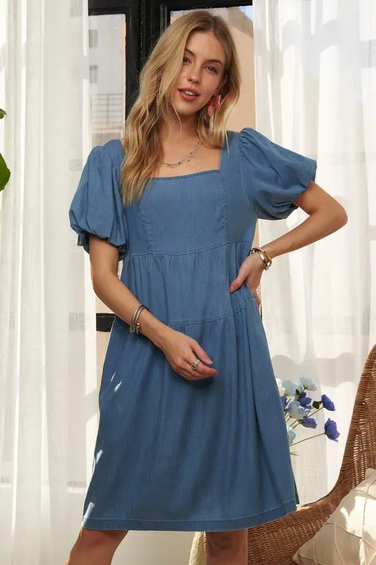 Image of ADORA Square Neck Puff Sleeve Denim Dress | Queeble.shop