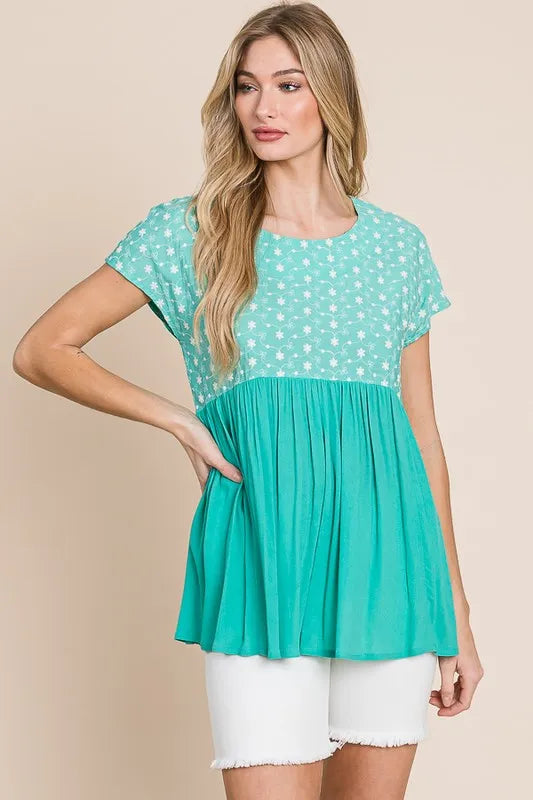Image of Lime 'N' Chili Full Size Embroidered Short Sleeve Pleated Babydoll Top Plus Size | Queeble.shop