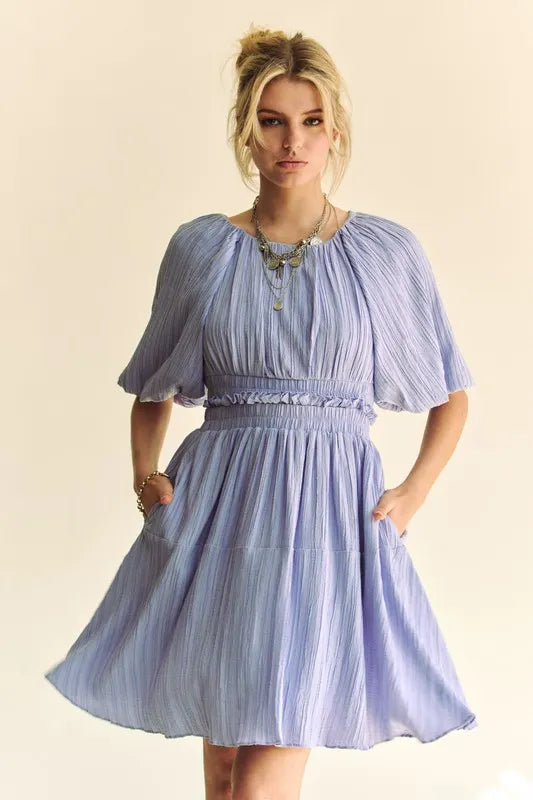 Image of Davi & Dani Back Button Puff Sleeve Mini Dress | Queeble.shop