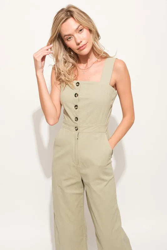 Image of And The Why Square Neck Button Down Cropped Wide Leg Jumpsuit | Queeble.shop