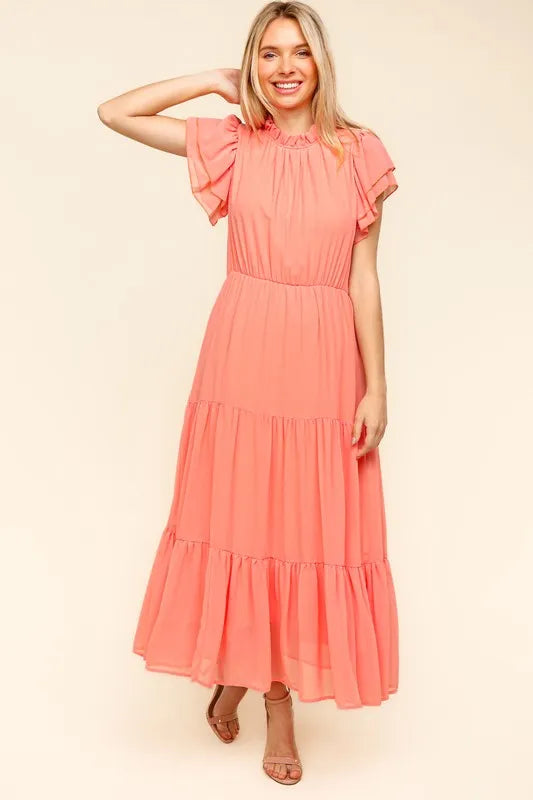 Image of Haptics Full Size Tiered Frill Mock Neck Short Sleeve Dress | Queeble.shop