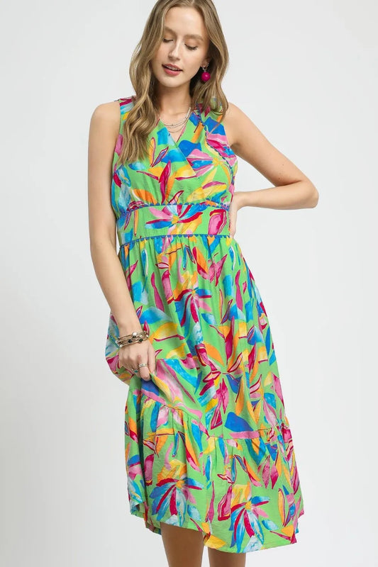 Image of Umgee Ruffled Hem Printed Sleeveless Midi Dress | Queeble.shop