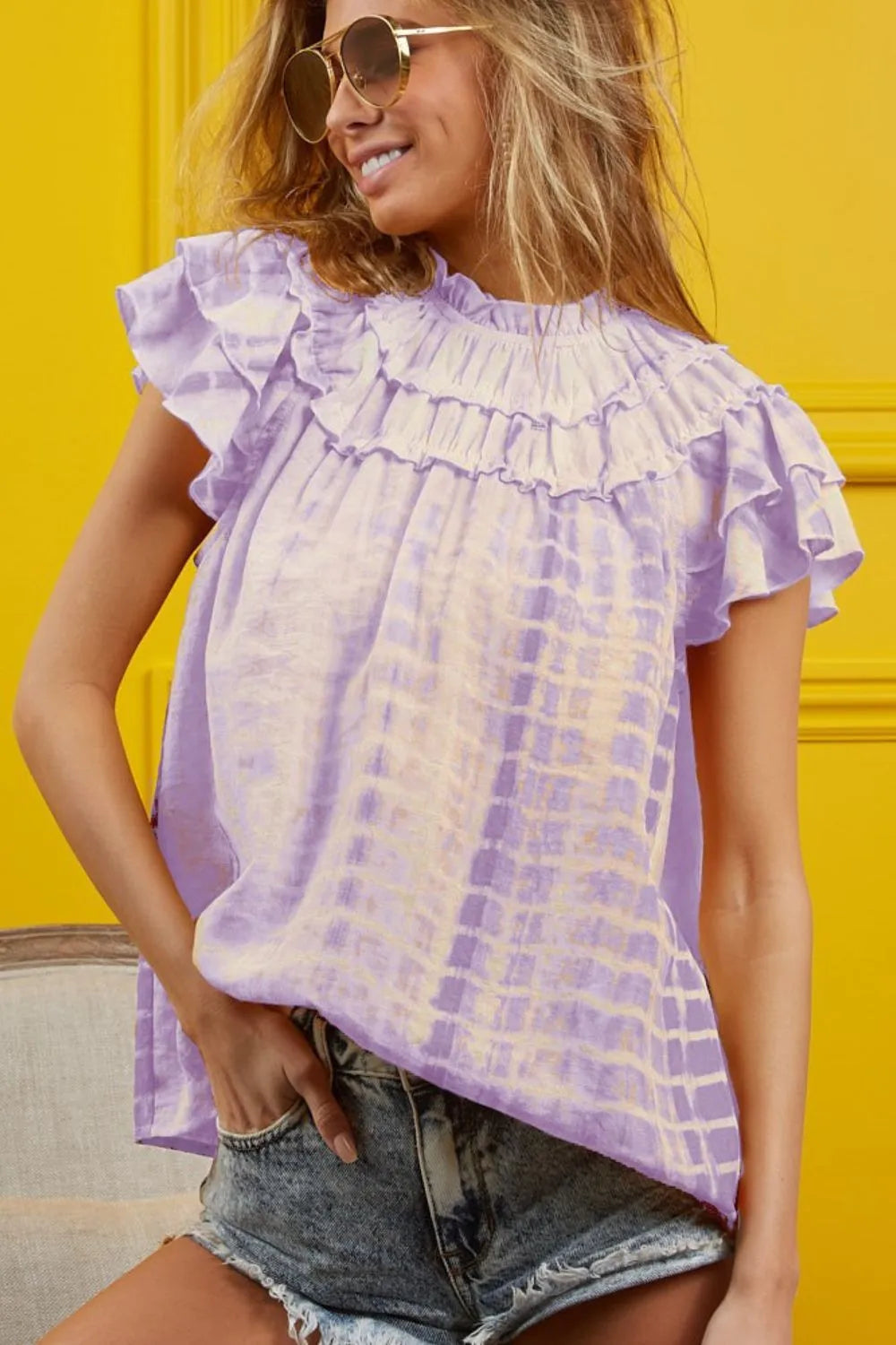 Image of BiBi Tiered Ruffle Neck Tie Dye Top | Queeble.shop