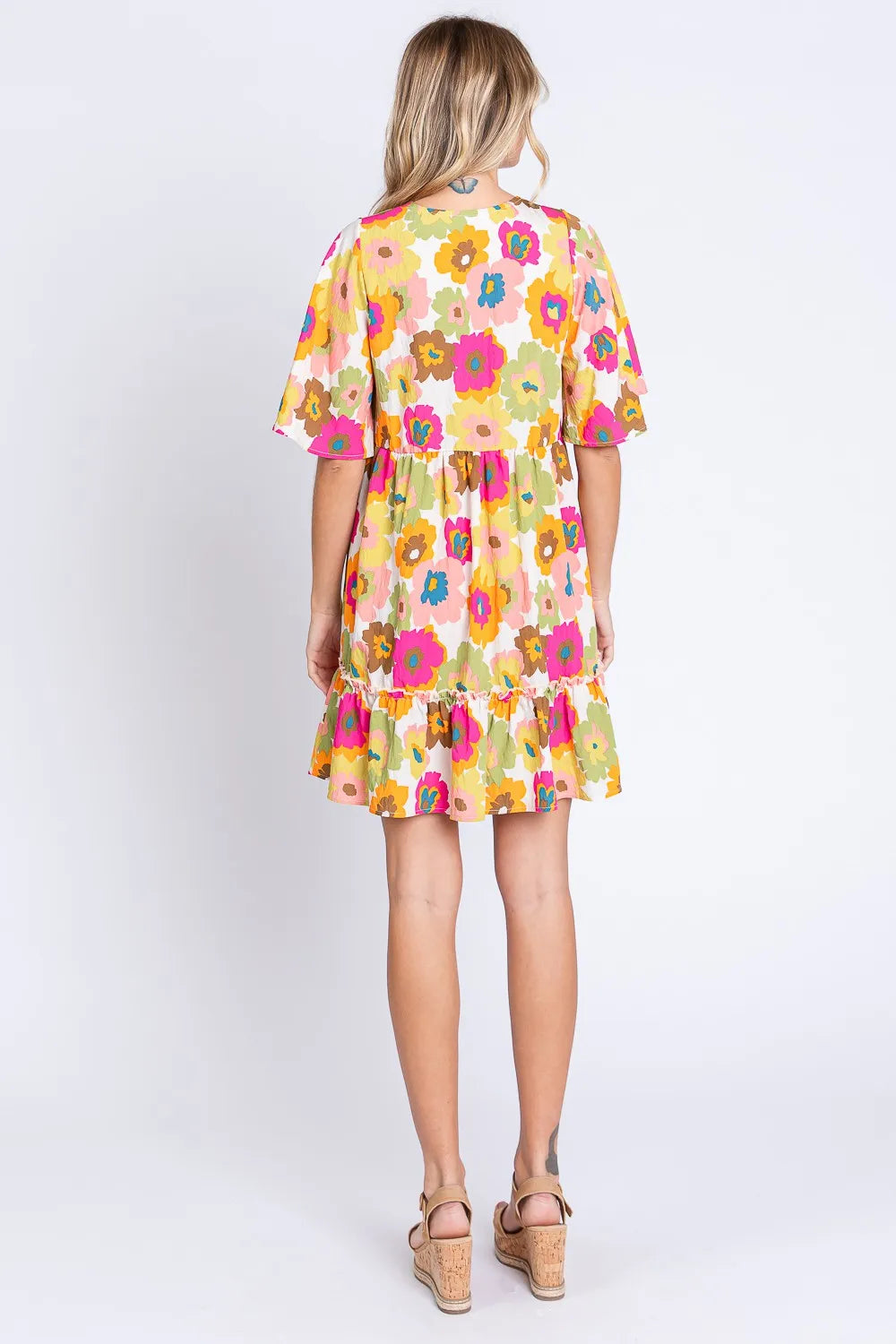 Image of GeeGee Floral V-Neck Ruffle Hem Mini Dress | Queeble.shop