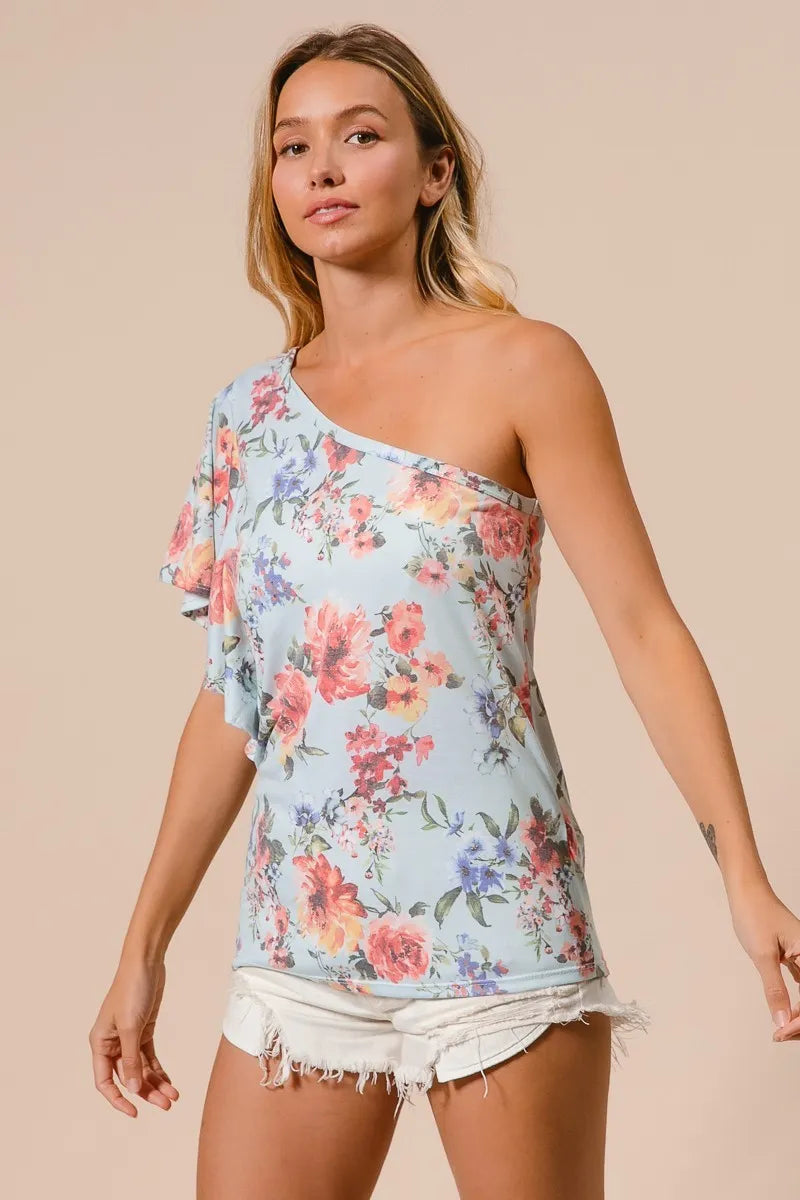 Image of BiBi Floral Printed Jersey Knit Ruffle Sleeve Top | Queeble.shop