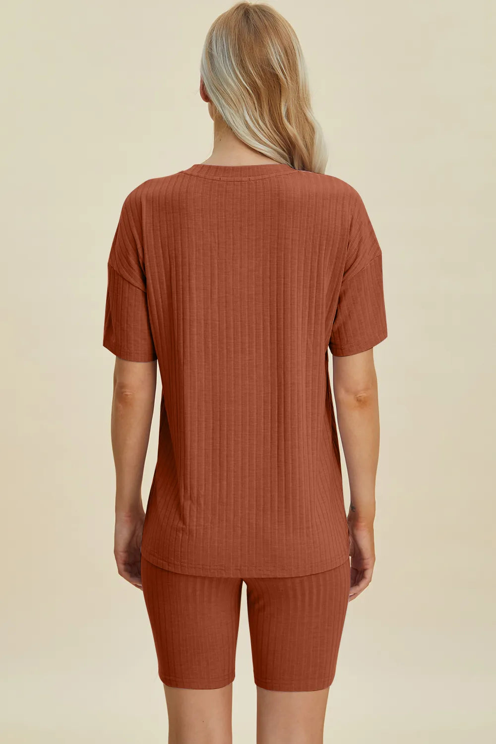 Image of Basic Bae Full Size Ribbed V-Neck Short Sleeve Top and Shorts Set | Queeble.shop
