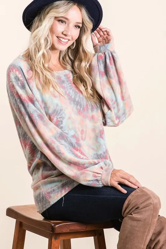 Image of BiBi Brushed Tie Dye Print Top with Puff Sleeves | Queeble.shop