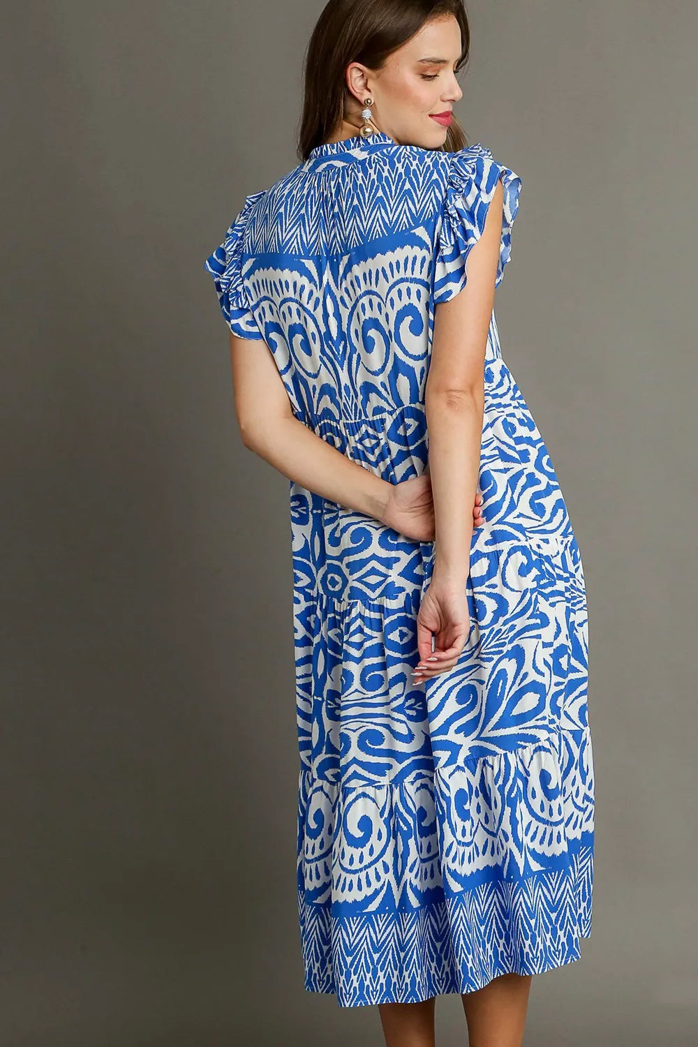 Image of Umgee Full Size Two Tone Border Print Ruffle Cap Sleeve Midi Dress Plus Size | Queeble.shop