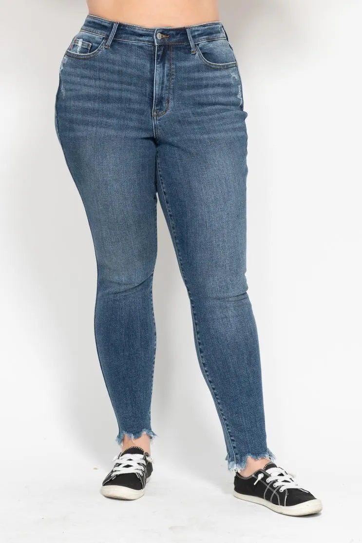Image of Judy Blue Plus Size High Waist Skinny with Destroy & Shark Bit Hem | Queeble.shop