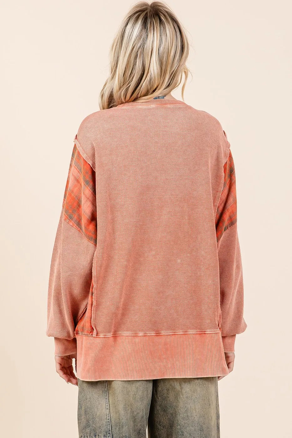Image of Mittoshop Plaid Panel Mineral Wash French Terry Sweatshirt | Queeble.shop