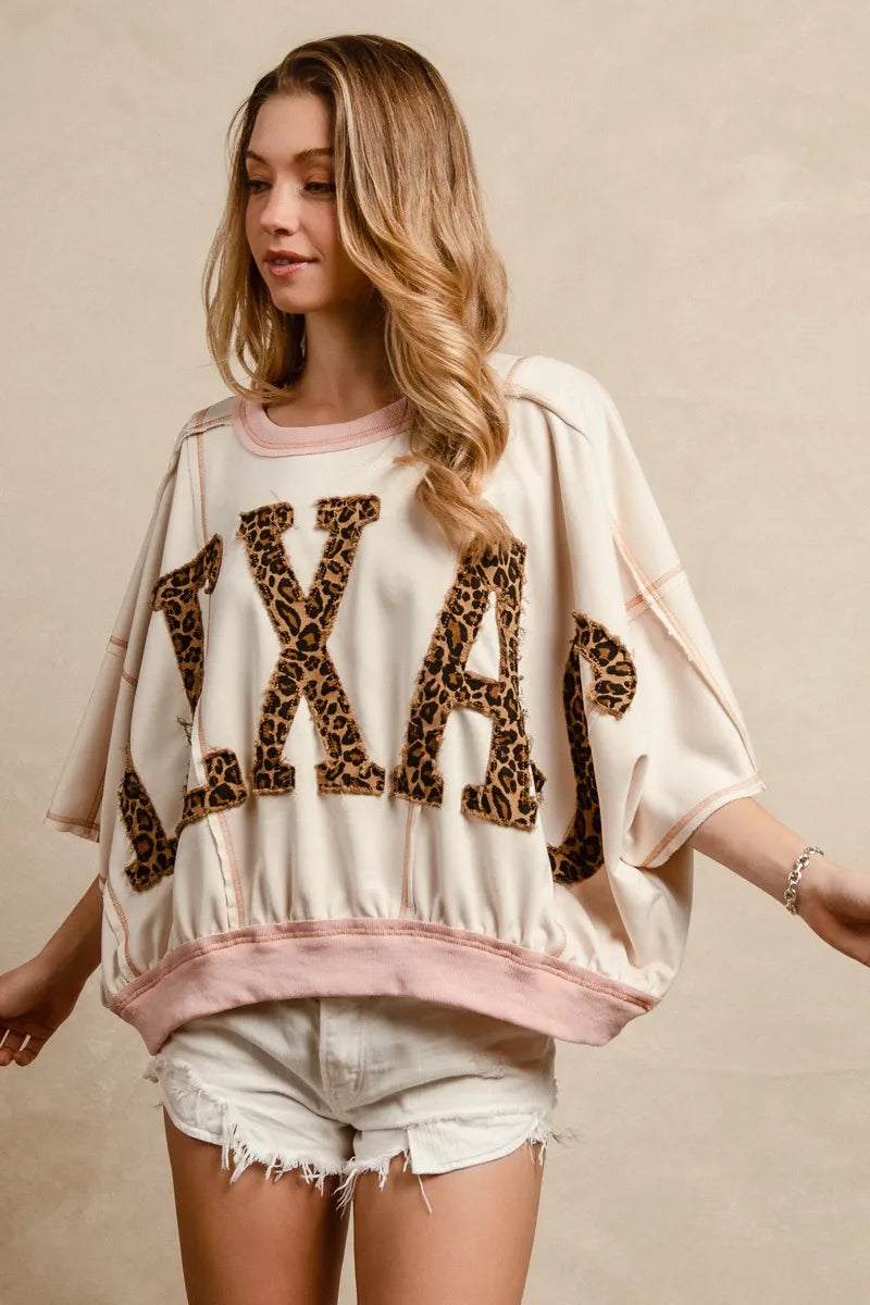 Image of BiBi Leopard Print Texas Patchwork Overlock Stitch Top | Queeble.shop