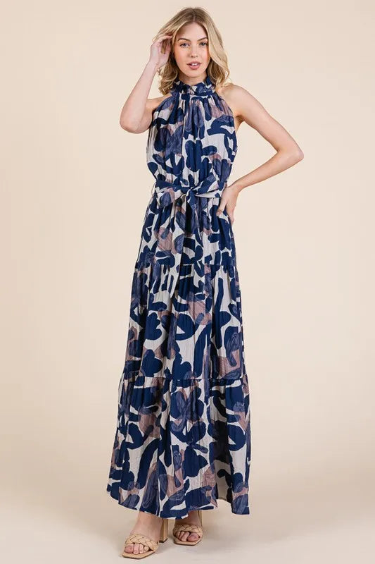 Image of Lime 'N' Chili Abstract Halter Neck Tie-Waist Tiered Maxi Dress | Queeble.shop