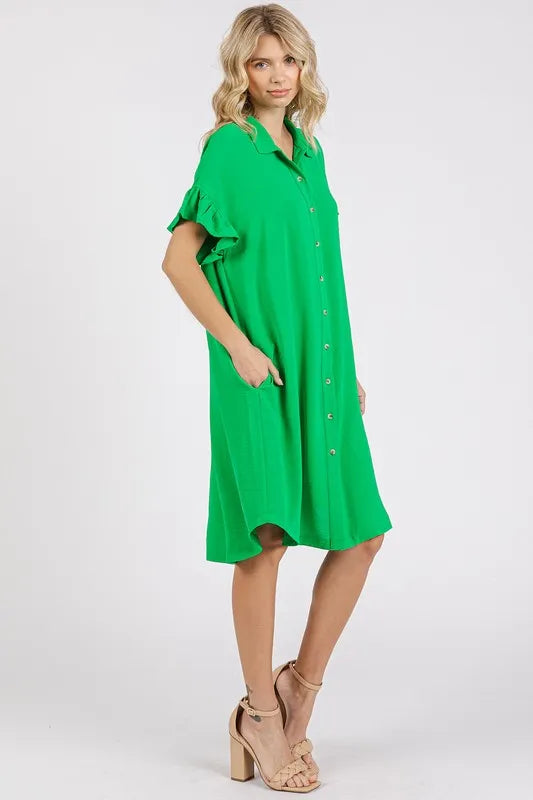 Image of Mittoshop Button Down Flounce Sleeve Dress with Pockets | Queeble.shop