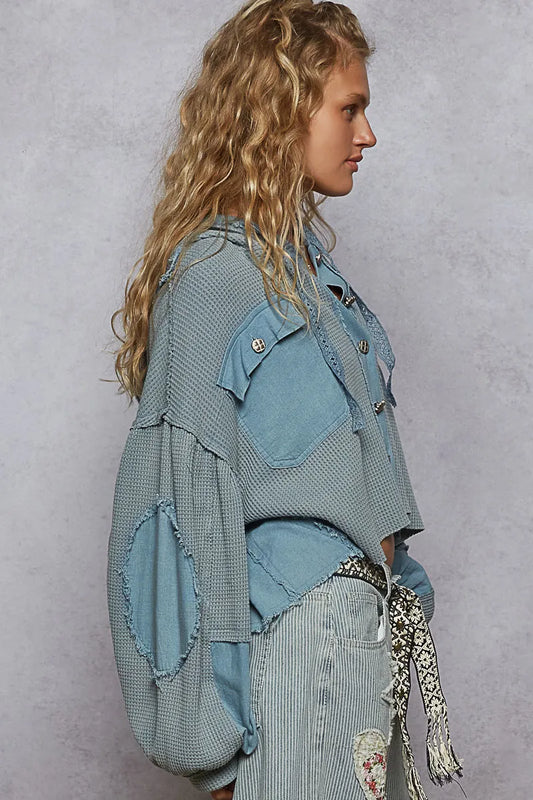 Image of POL Contrast Cropped Jacket with Raw Edge Detail | Queeble.shop