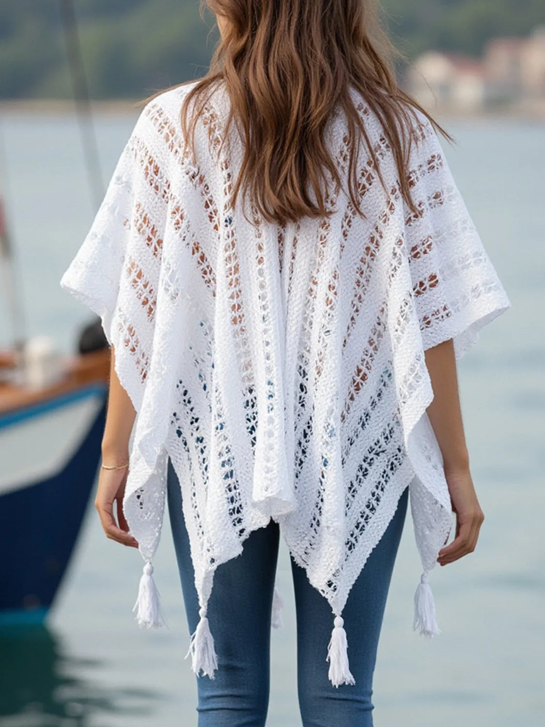 Image of Openwork Tassel Open Front Knit Cover Up | Queeble.shop