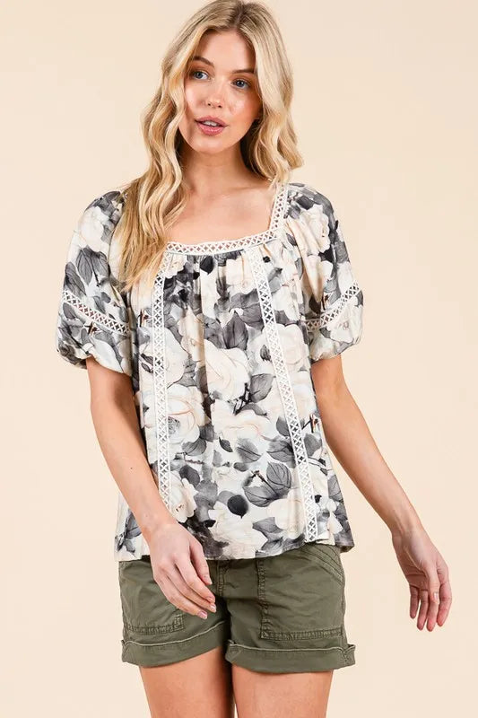 Image of Lime 'N' Chili Floral Print Lace Trim Puff Sleeve Blouse | Queeble.shop