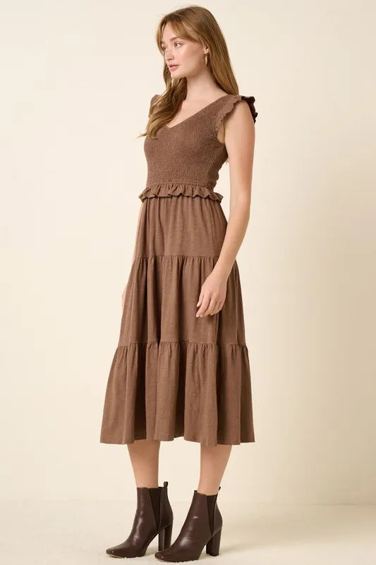 Image of Mittoshop Smocked Ruffled Tiered Midi Dress | Queeble.shop