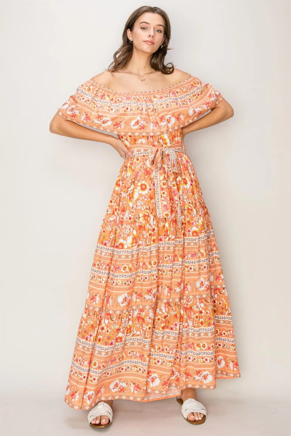 Image of HYFVE Floral Off-Shoulder Tie Front Maxi Dress | Queeble.shop