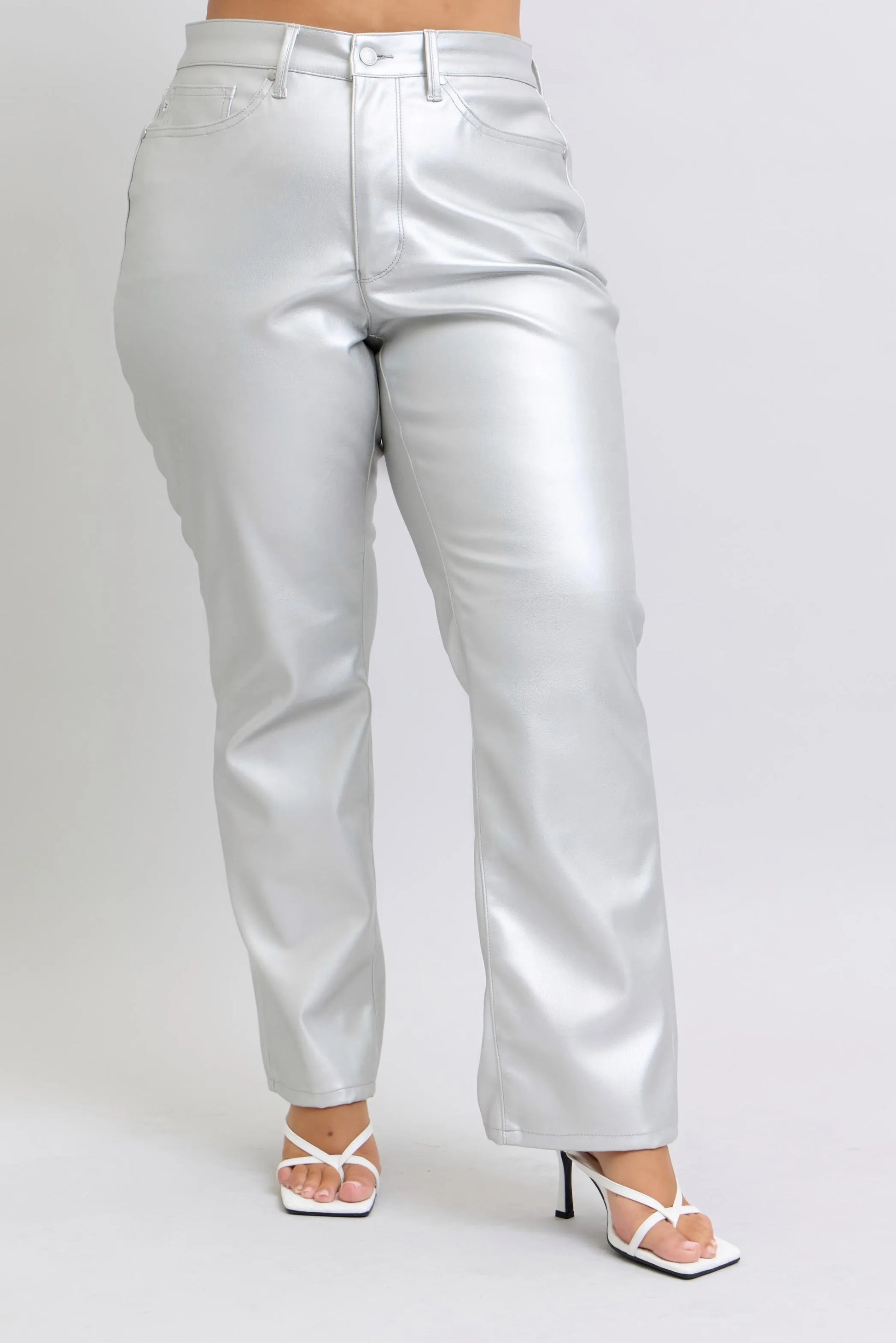 Image of Judy Blue Full Size High Waist Silver Faux Leather Pants Plus Size | Queeble.shop