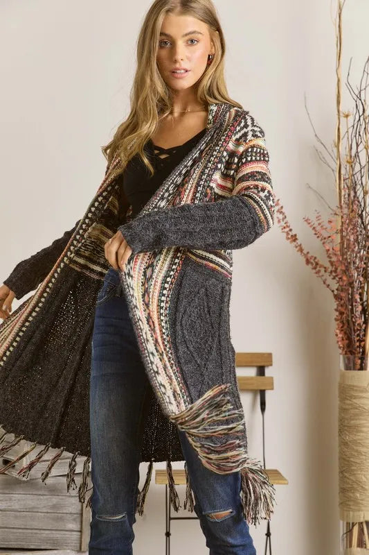 Image of ADORA Full Size Fringe Hem Aztec Cardigan Plus Size | Queeble.shop